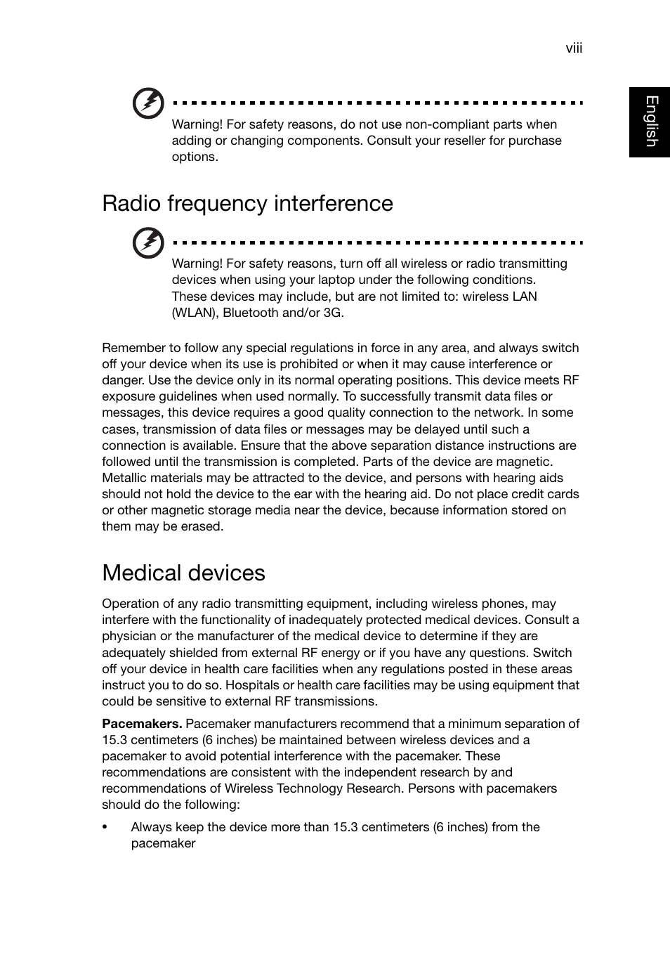 Radio frequency interference, Medical devices | Acer TravelMate P645-V User Manual | Page 8 / 85