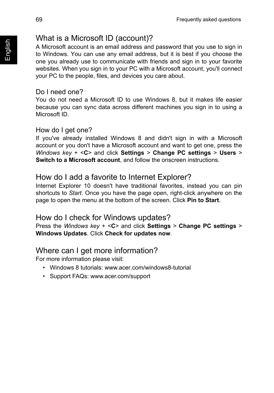 What is a microsoft id (account), How do i add a favorite to internet explorer, How do i check for windows updates | Where can i get more information | Acer TravelMate P645-V User Manual | Page 81 / 85