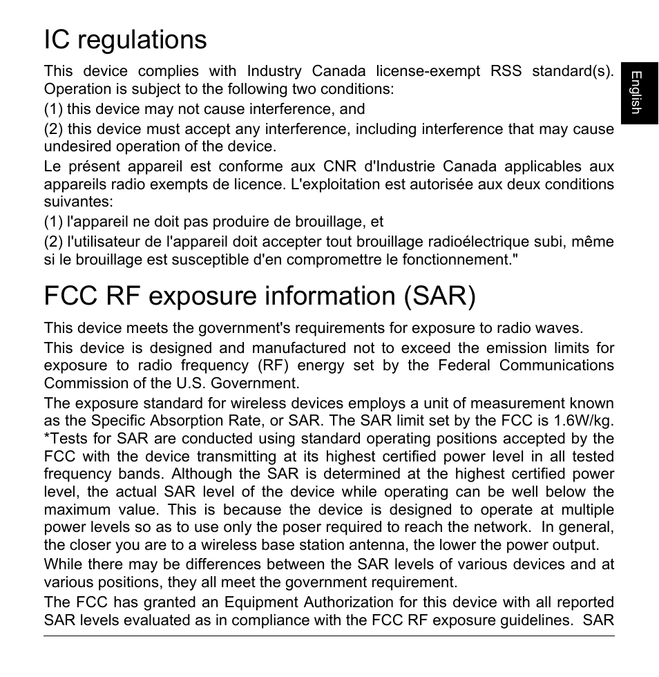 Ic regulations, Fcc rf exposure information (sar) | Acer W4-821P User Manual | Page 11 / 12