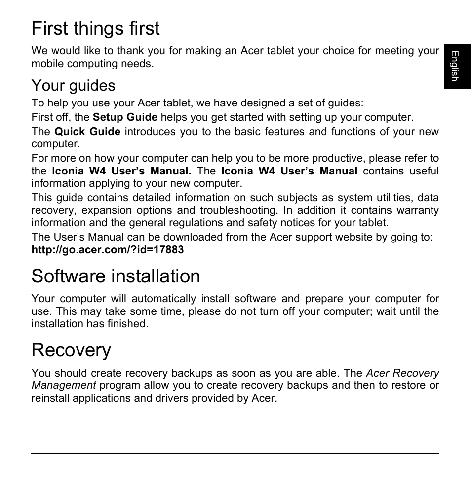 First things first, Your guides, Software installation | Recovery | Acer W4-821P User Manual | Page 3 / 12