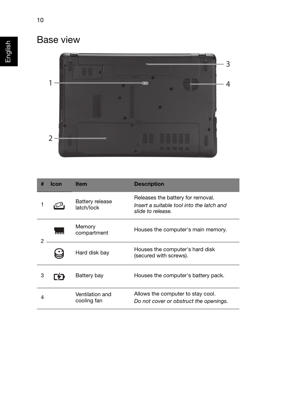 Base view | Acer Aspire E1-571 User Manual | Page 10 / 11