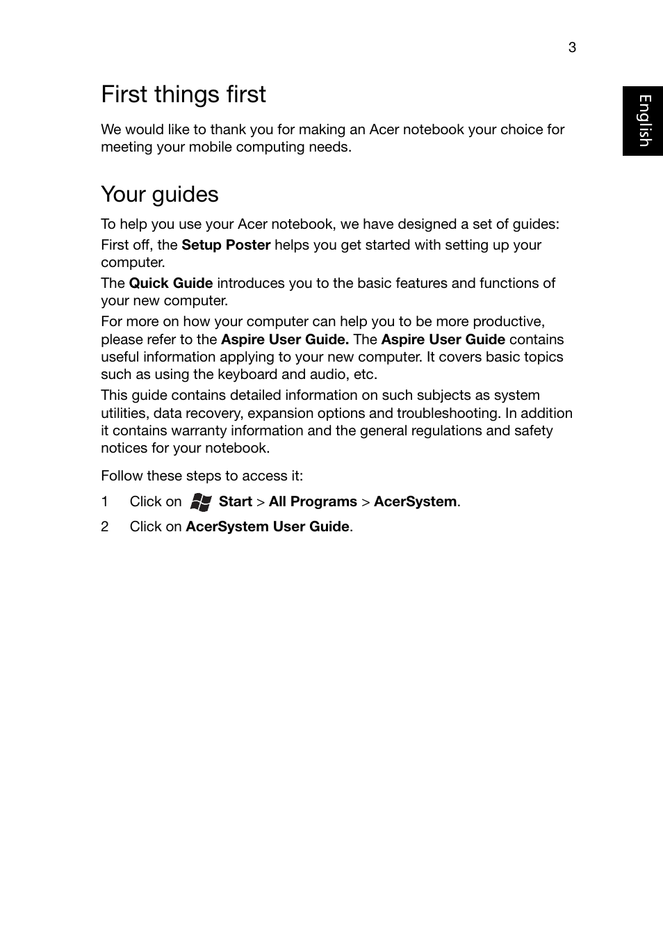 First things first, Your guides | Acer Aspire E1-571 User Manual | Page 3 / 11