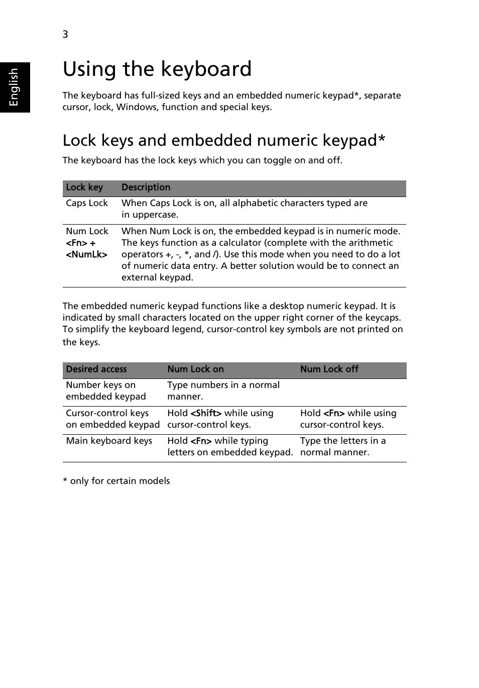 Using the keyboard, Lock keys and embedded numeric keypad | Acer Aspire 5517 User Manual | Page 22 / 74