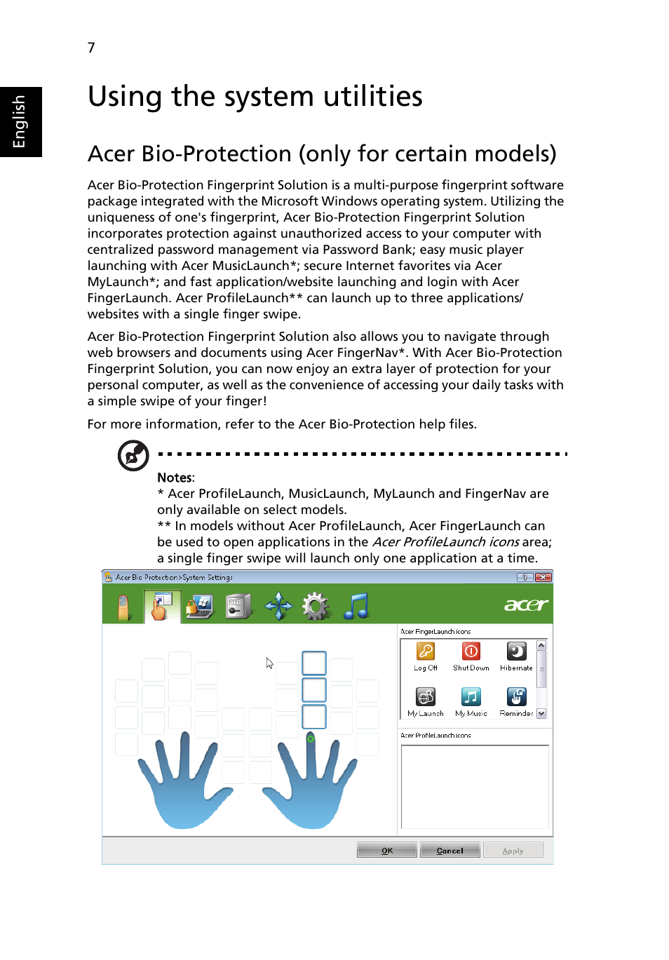 Using the system utilities, Acer bio-protection (only for certain models) | Acer Aspire 5517 User Manual | Page 26 / 74