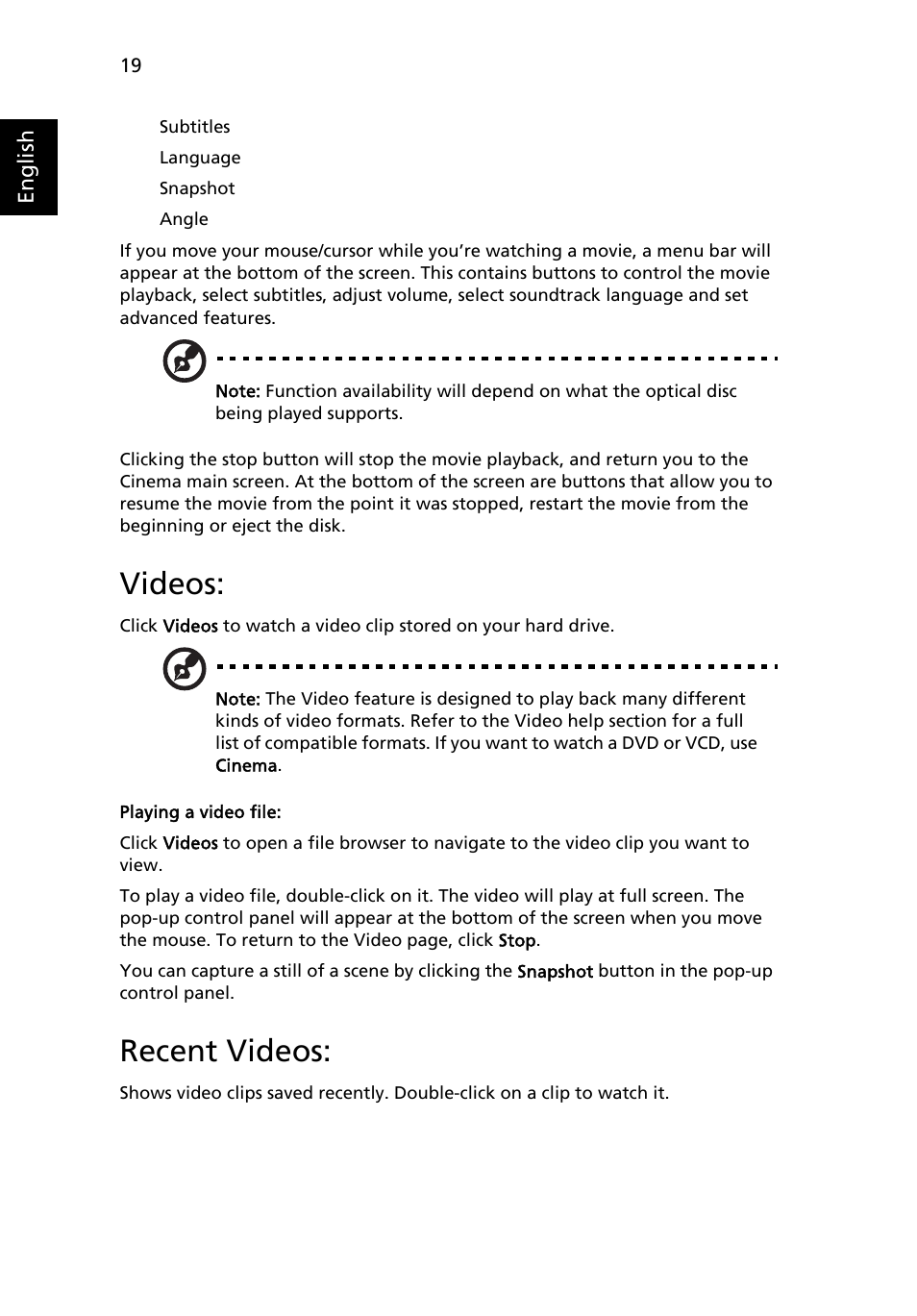 Videos, Recent videos, Playing a video file | Acer Aspire 5517 User Manual | Page 38 / 74