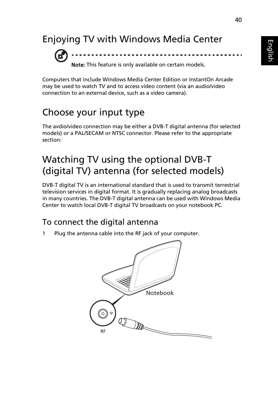 Enjoying tv with windows media center, Choose your input type, To connect the digital antenna | Acer Aspire 5517 User Manual | Page 59 / 74