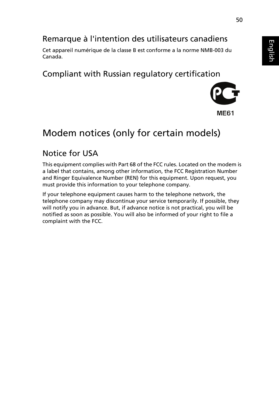 Modem notices (only for certain models), Remarque à l'intention des utilisateurs canadiens, Compliant with russian regulatory certification | Notice for usa | Acer Aspire 5517 User Manual | Page 69 / 74