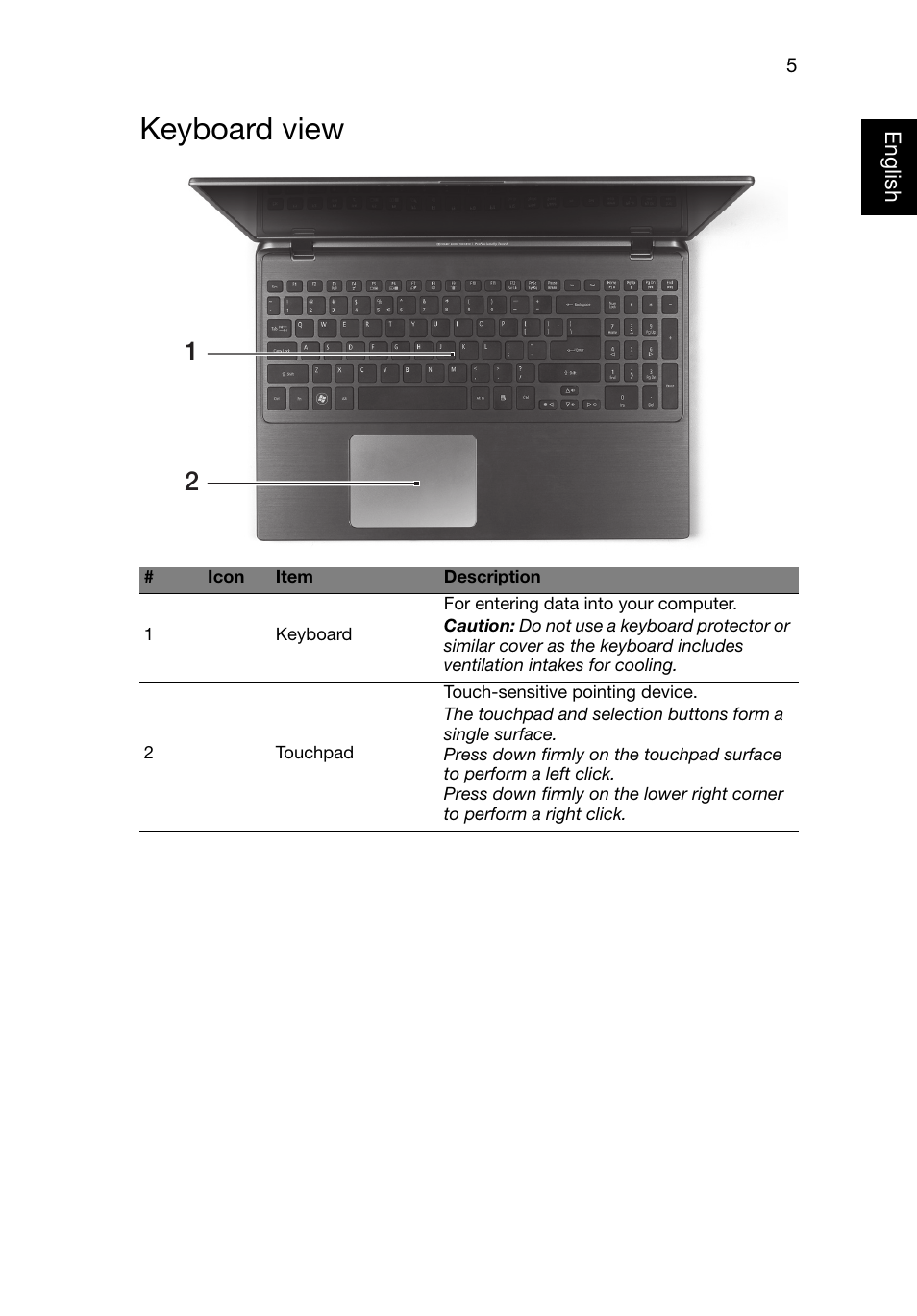 Keyboard view | Acer Aspire M5-581G User Manual | Page 5 / 10