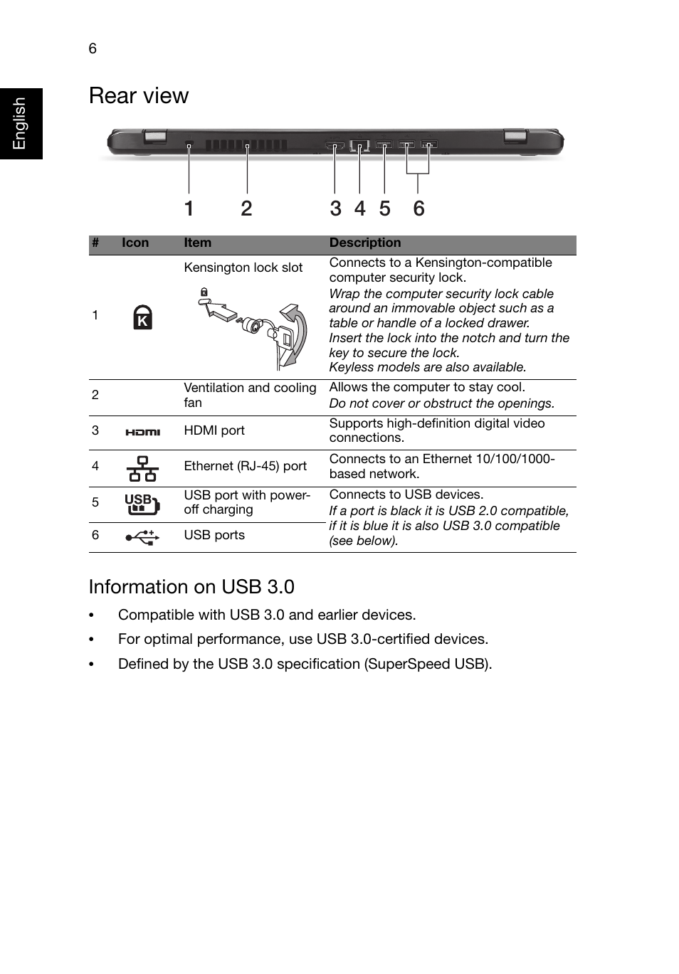 Rear view, Information on usb 3.0 | Acer Aspire M5-581G User Manual | Page 6 / 10