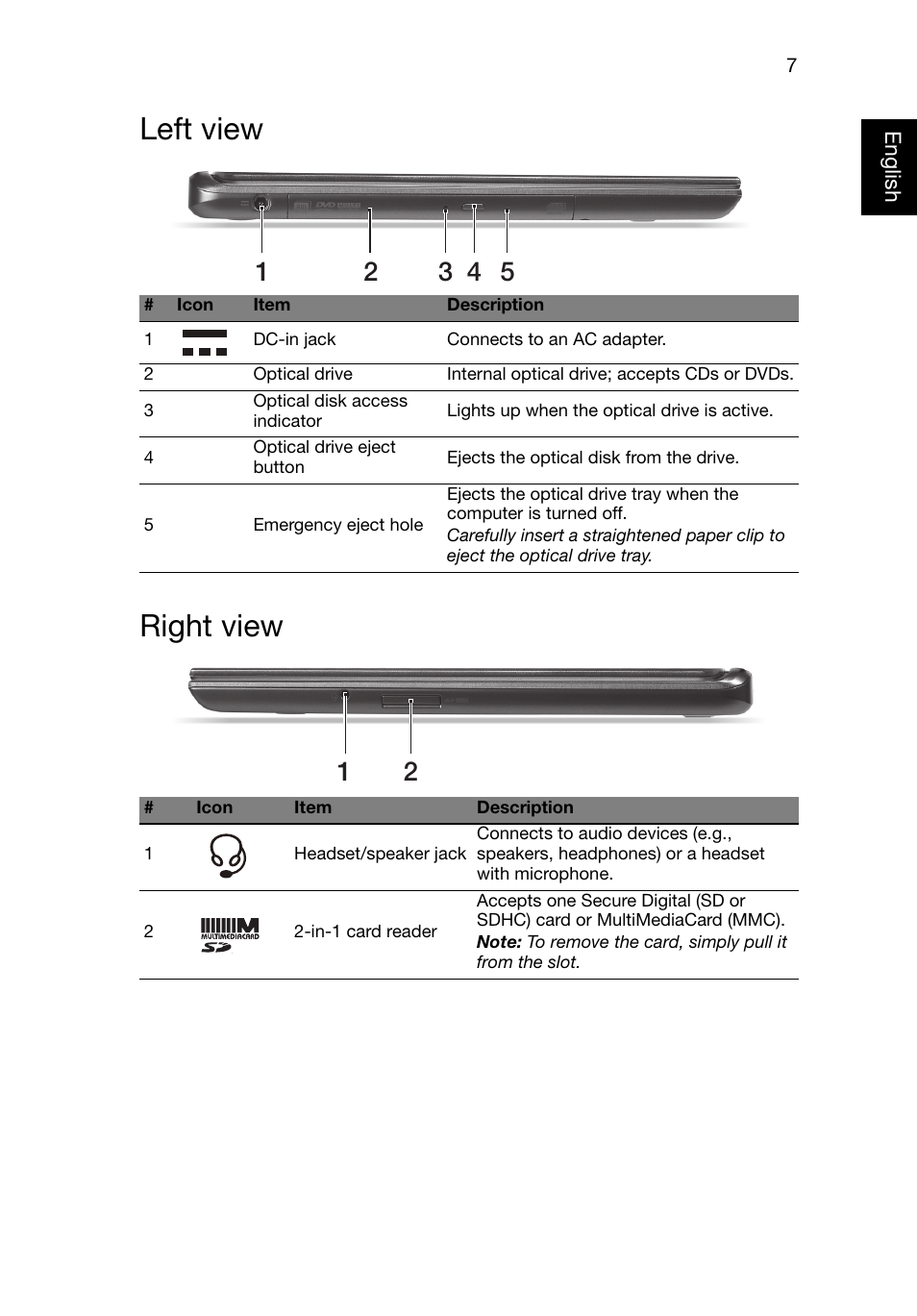 Left view, Right view, Left view right view | Acer Aspire M5-581G User Manual | Page 7 / 10