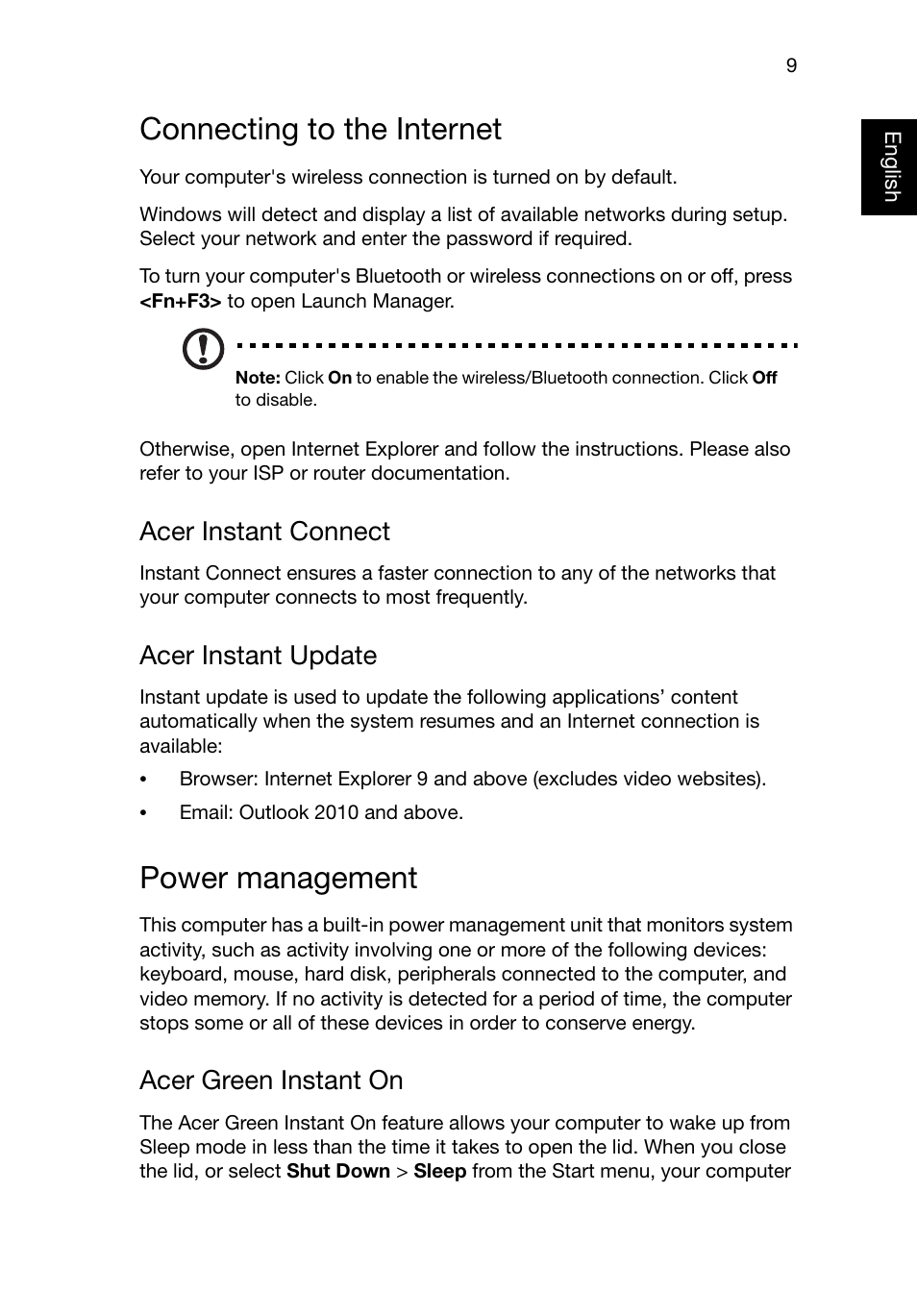 Connecting to the internet, Power management, Acer instant connect | Acer instant update, Acer green instant on | Acer Aspire M5-581G User Manual | Page 9 / 10