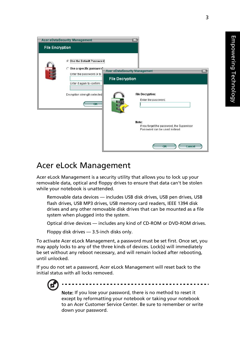 Acer elock management | Acer TravelMate 4070 User Manual | Page 13 / 76