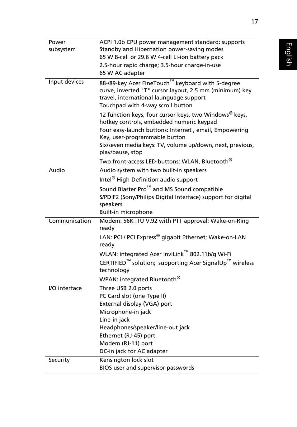 Eng lis h | Acer TravelMate 4070 User Manual | Page 27 / 76