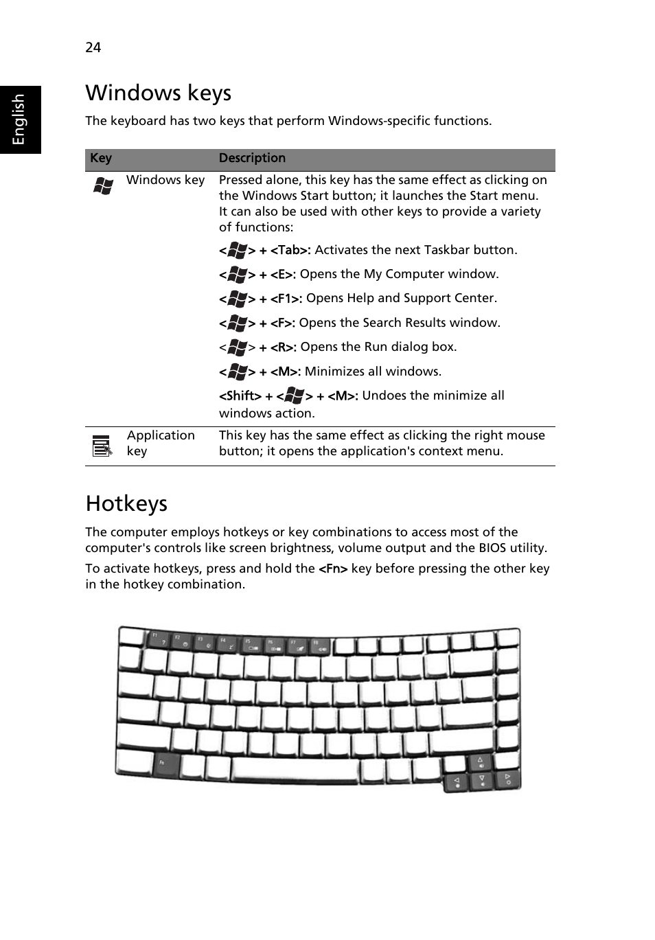 Windows keys, Hotkeys | Acer TravelMate 4070 User Manual | Page 34 / 76