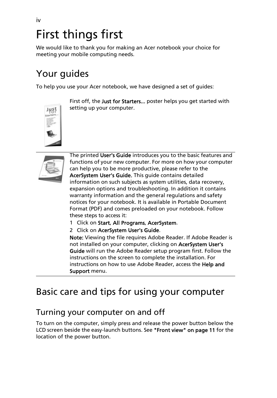 First things first, Your guides, Basic care and tips for using your computer | Acer TravelMate 4070 User Manual | Page 4 / 76