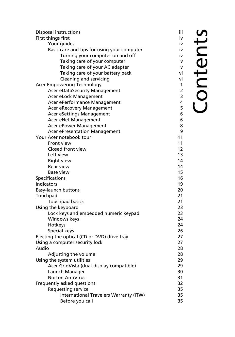 Acer TravelMate 4070 User Manual | Page 7 / 76