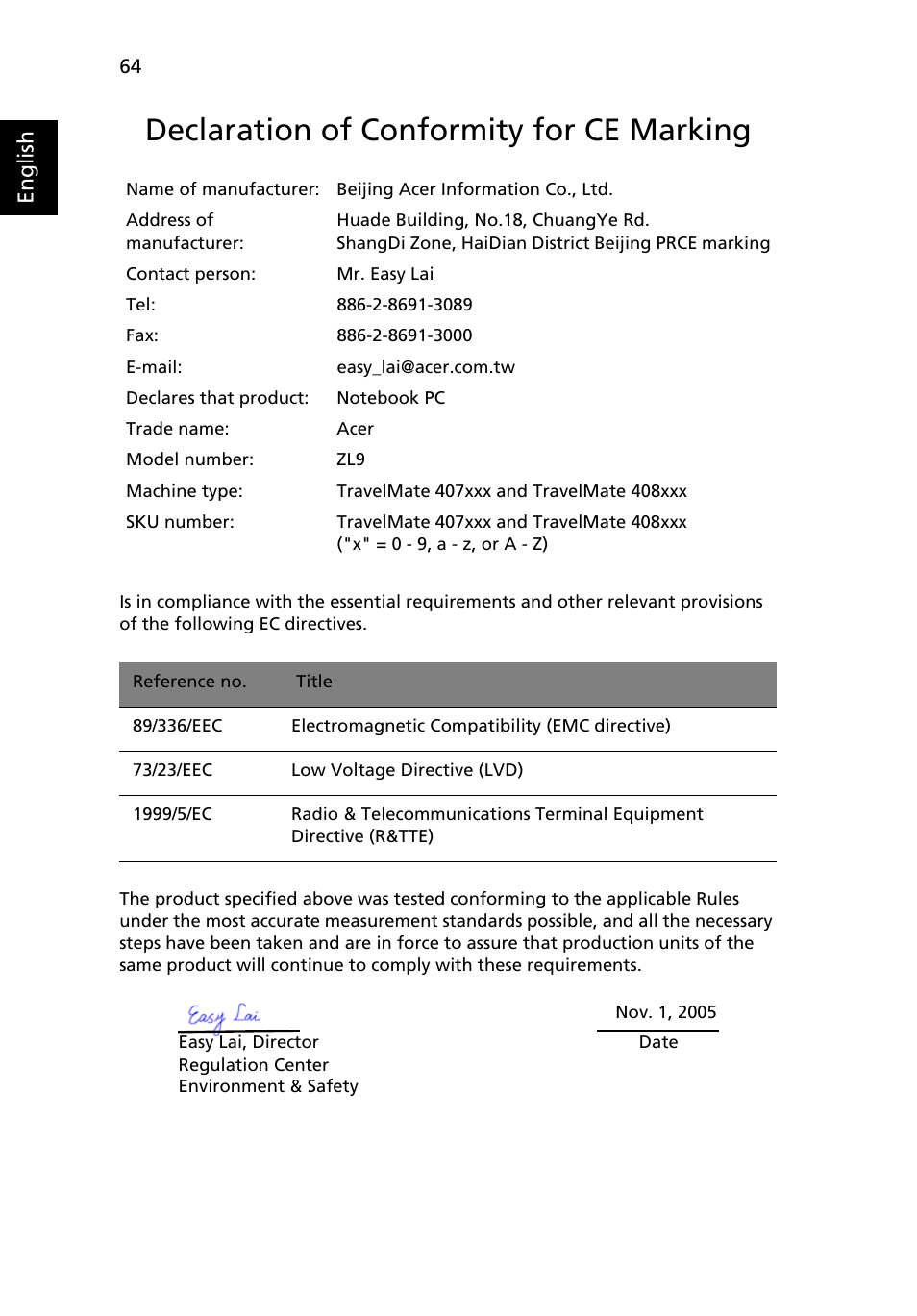 Declaration of conformity for ce marking, English | Acer TravelMate 4070 User Manual | Page 74 / 76