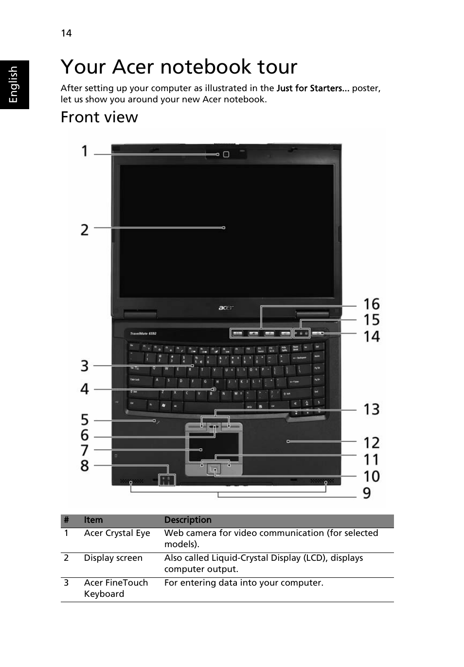 Your acer notebook tour, Front view | Acer TravelMate 6552 User Manual | Page 32 / 96