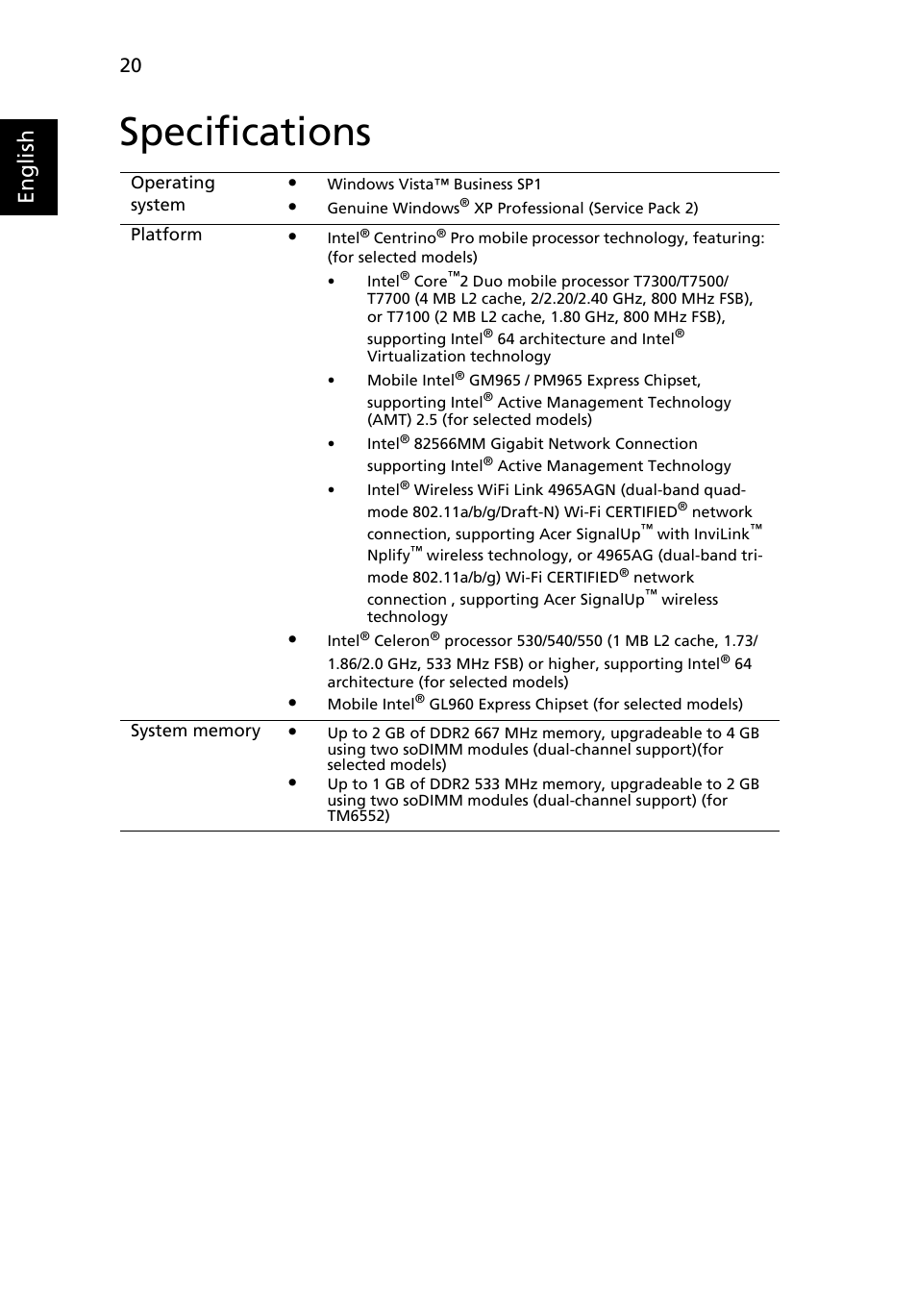 Specifications, English | Acer TravelMate 6552 User Manual | Page 38 / 96