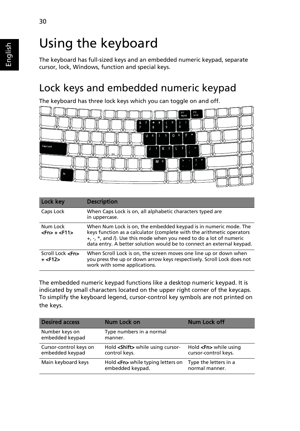 Using the keyboard, Lock keys and embedded numeric keypad, English | Acer TravelMate 6552 User Manual | Page 48 / 96