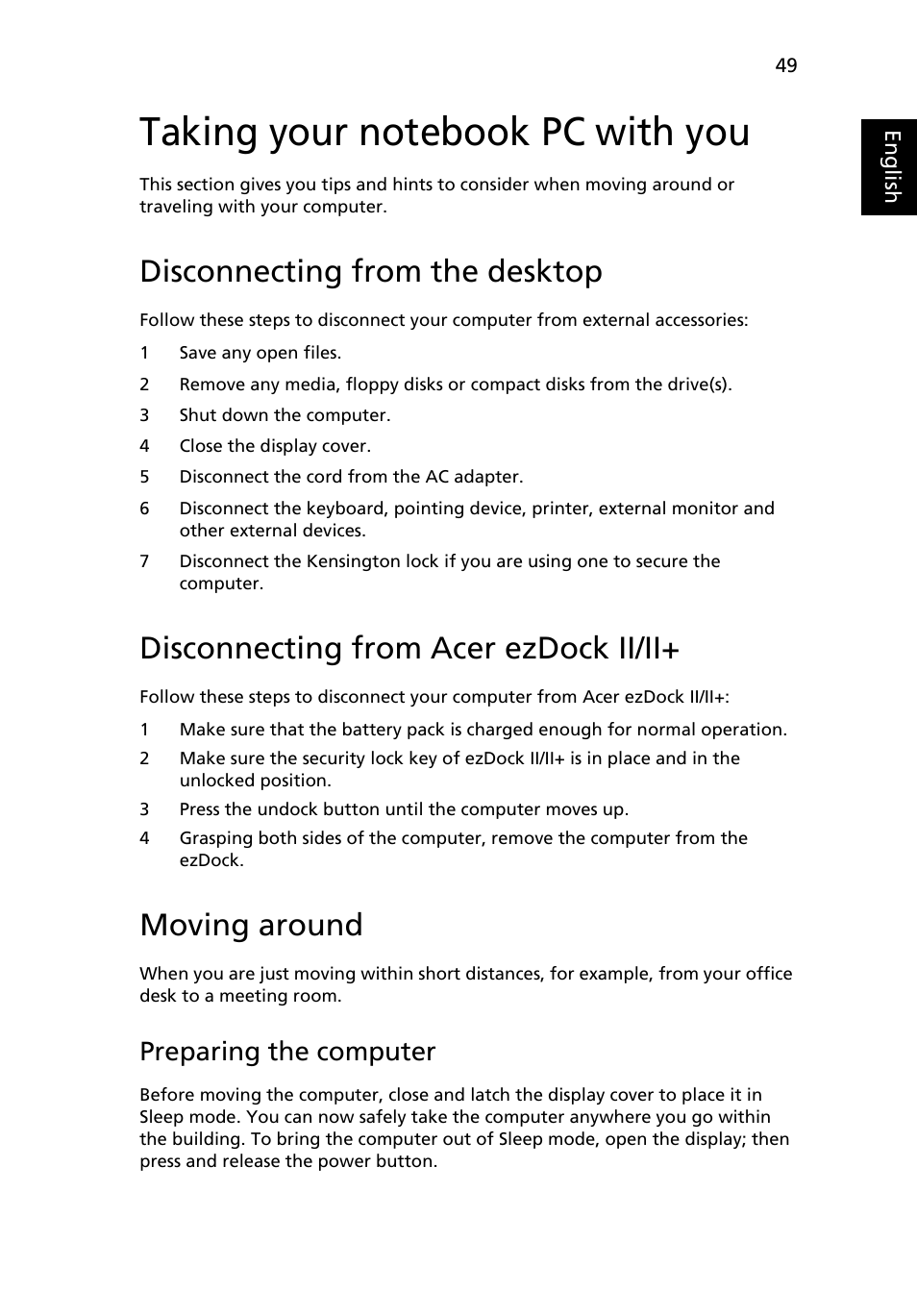 Taking your notebook pc with you, Disconnecting from the desktop, Disconnecting from acer ezdock ii/ii | Moving around, Preparing the computer, What to bring to meetings | Acer TravelMate 6552 User Manual | Page 67 / 96