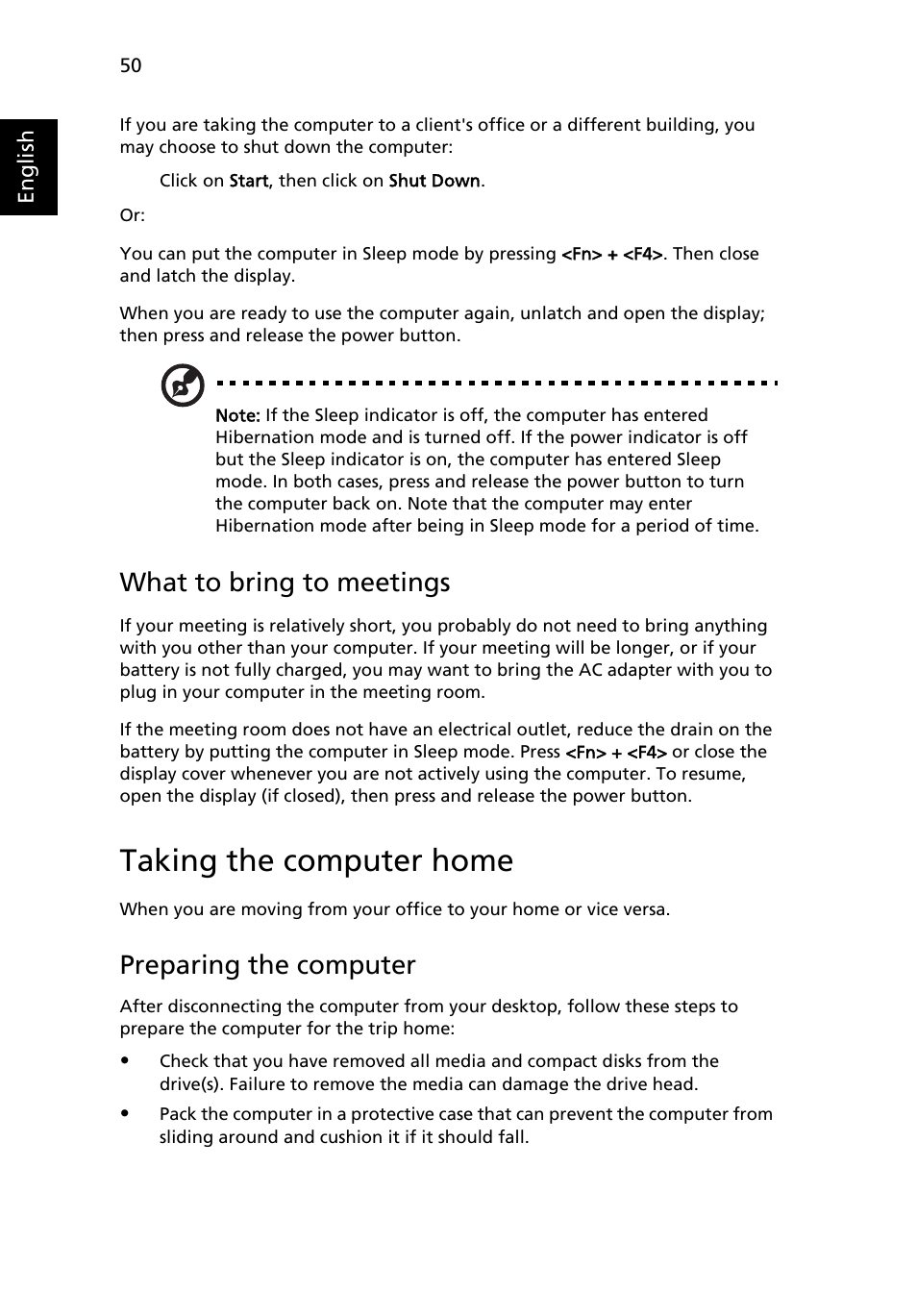 Taking the computer home, Preparing the computer, What to take with you | What to bring to meetings | Acer TravelMate 6552 User Manual | Page 68 / 96