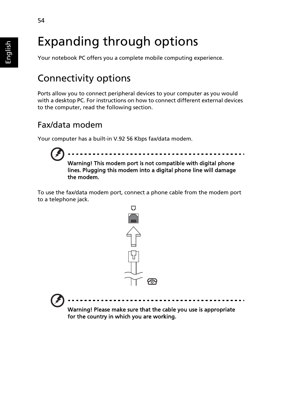 Expanding through options, Connectivity options, Fax/data modem | Built-in network feature | Acer TravelMate 6552 User Manual | Page 72 / 96