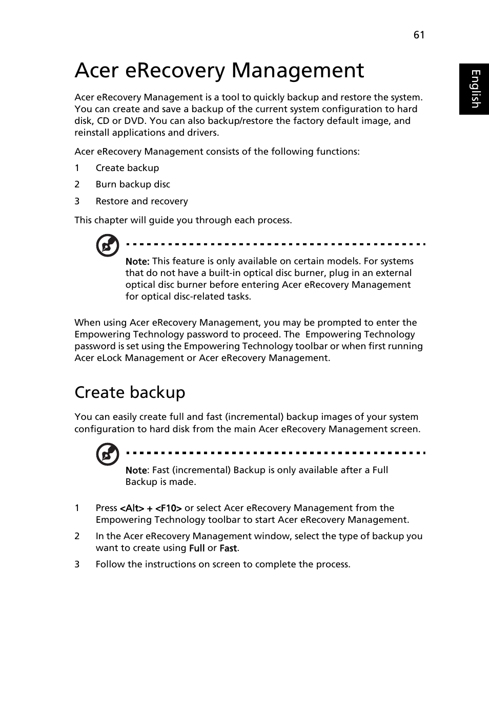 Acer erecovery management, Create backup | Acer TravelMate 6552 User Manual | Page 79 / 96