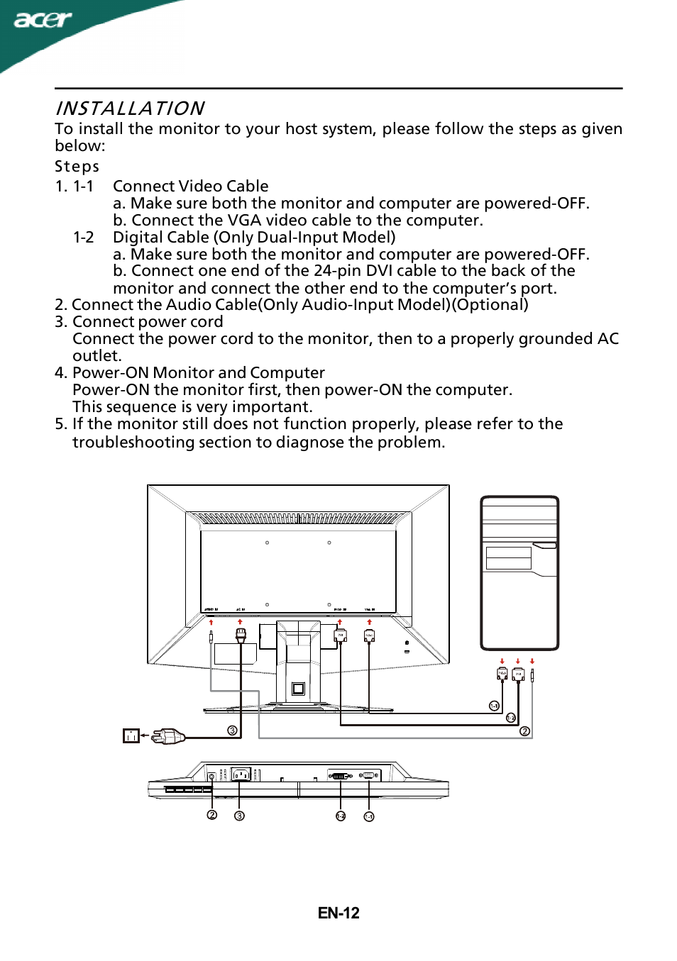 Installation | Acer G205H User Manual | Page 13 / 24