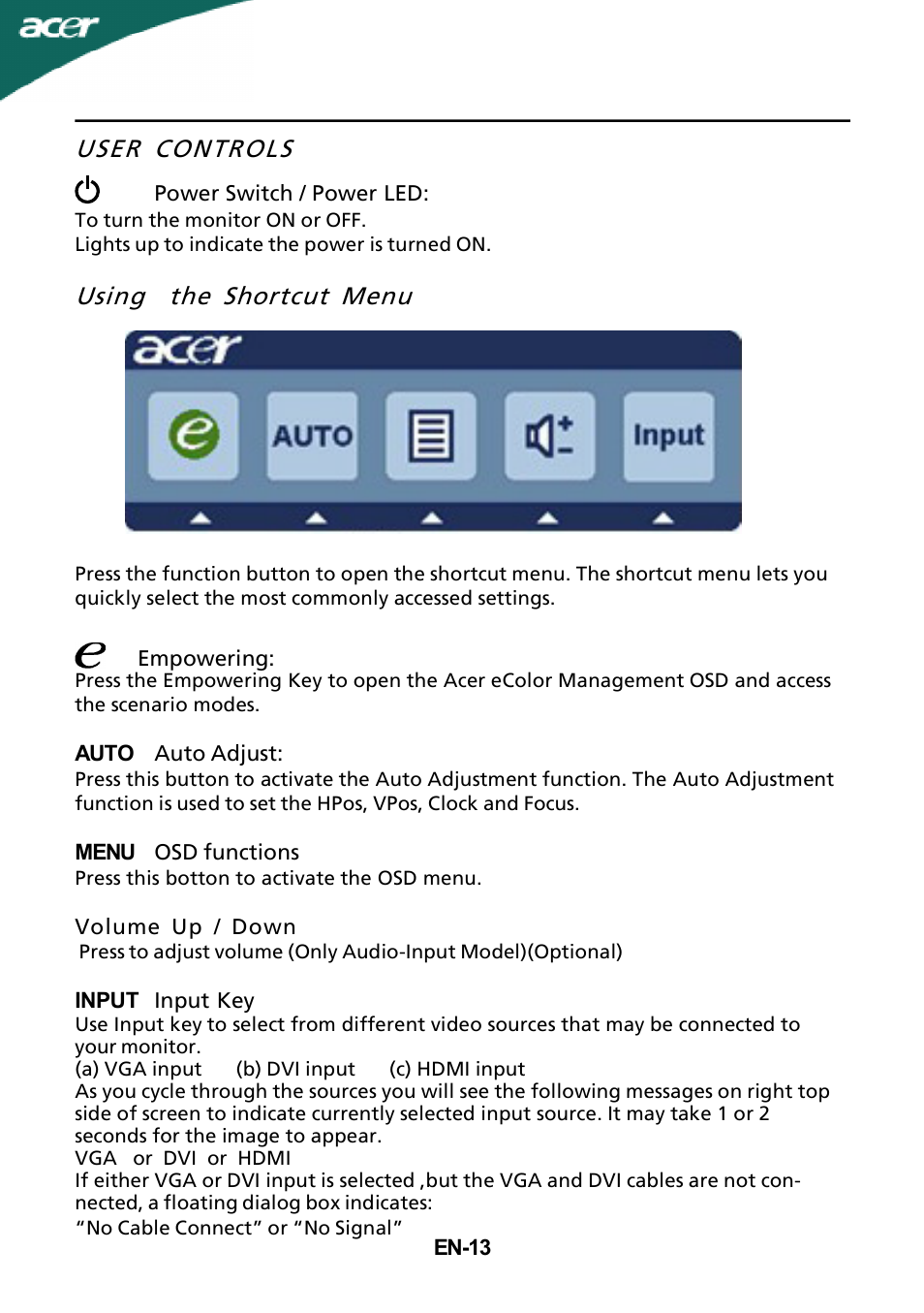 User controls, Using the shortcut menu | Acer G205H User Manual | Page 14 / 24