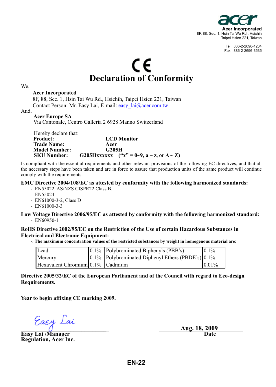 Declaration of conformity, En-22 | Acer G205H User Manual | Page 23 / 24