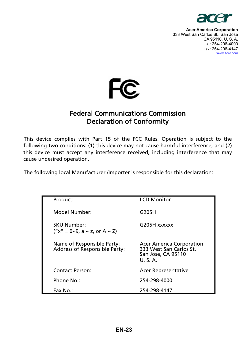 Acer G205H User Manual | Page 24 / 24
