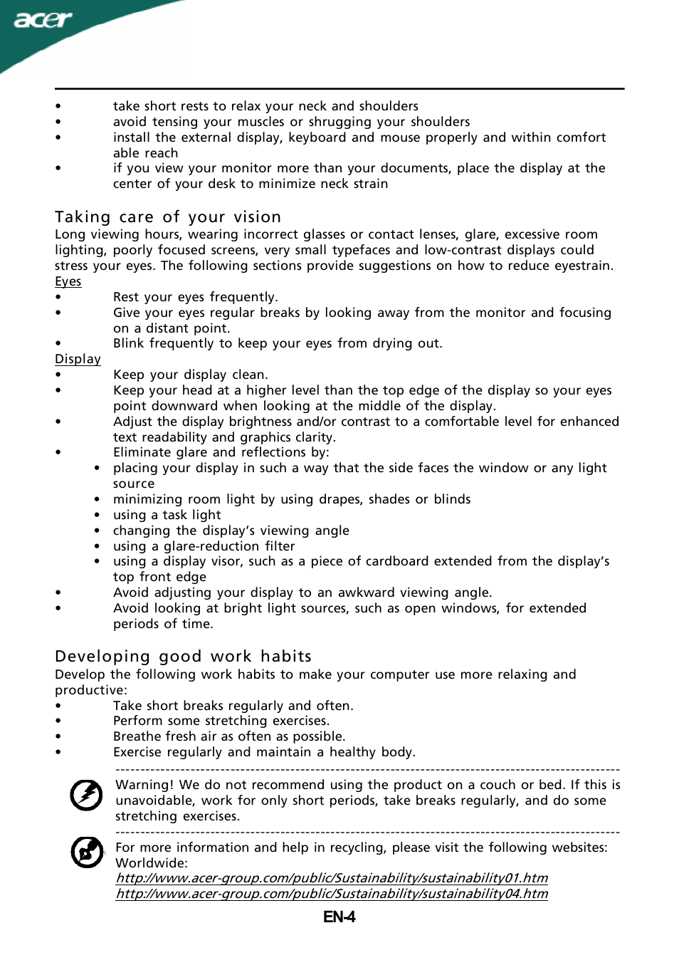 En-4, Taking care of your vision, Developing good work habits | Acer G205H User Manual | Page 5 / 24