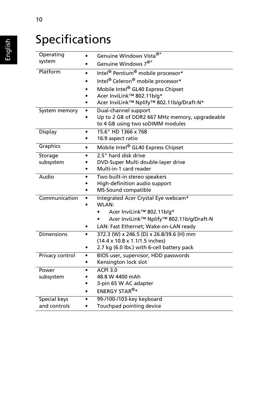 Specifications, English | Acer Aspire 5732Z User Manual | Page 10 / 11