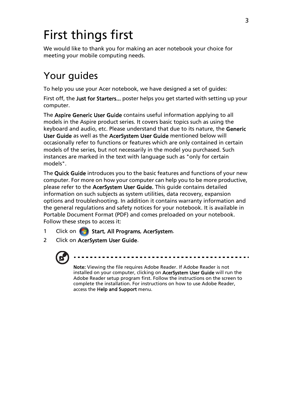 First things first, Your guides | Acer Aspire 5732Z User Manual | Page 3 / 11