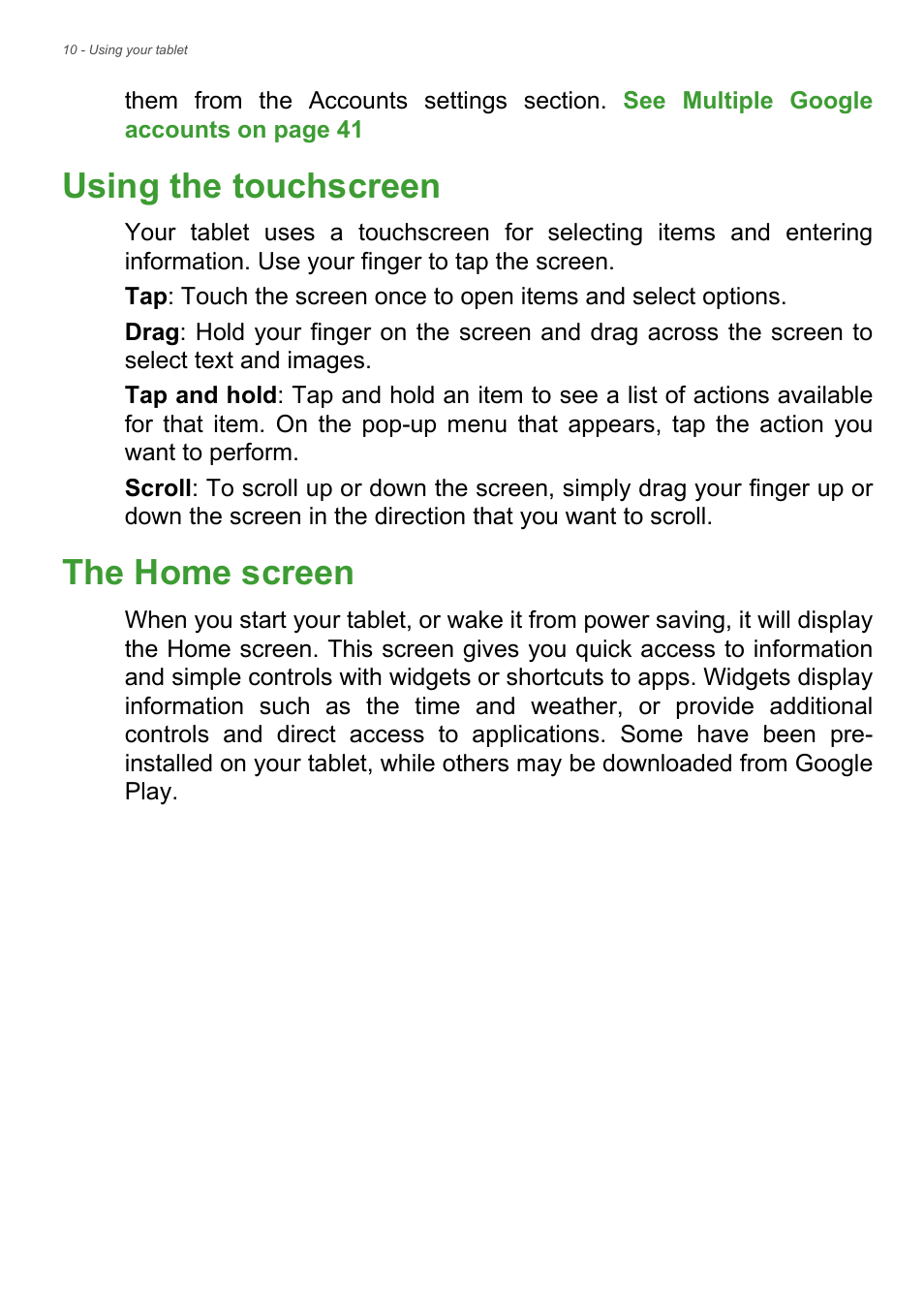 Using the touchscreen, The home screen, Using the touchscreen the home screen | Acer B1-720 User Manual | Page 10 / 52