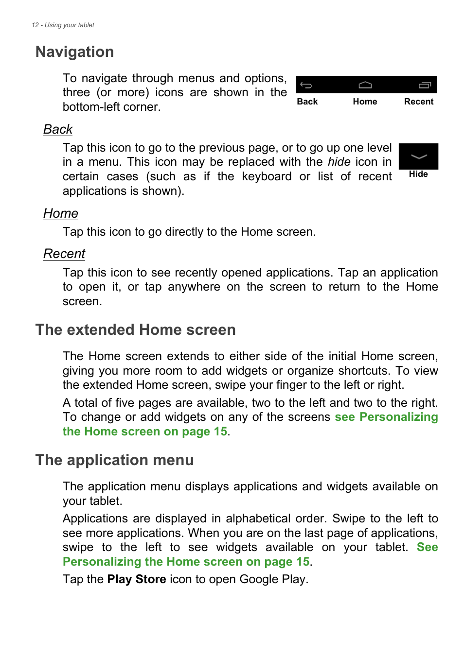 Navigation, The extended home screen, The application menu | Acer B1-720 User Manual | Page 12 / 52