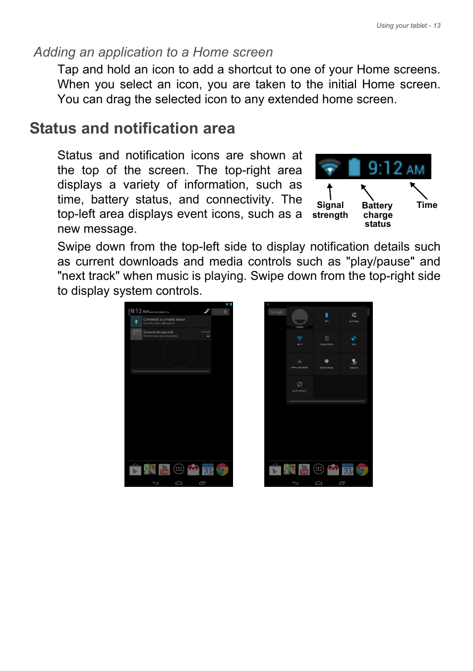 Status and notification area, Adding an application to a home screen | Acer B1-720 User Manual | Page 13 / 52