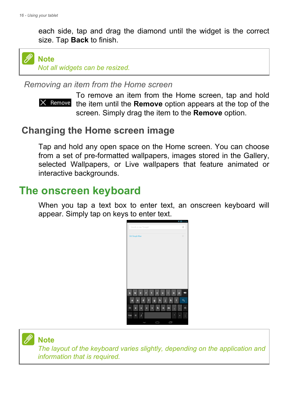 Changing the home screen image, The onscreen keyboard | Acer B1-720 User Manual | Page 16 / 52