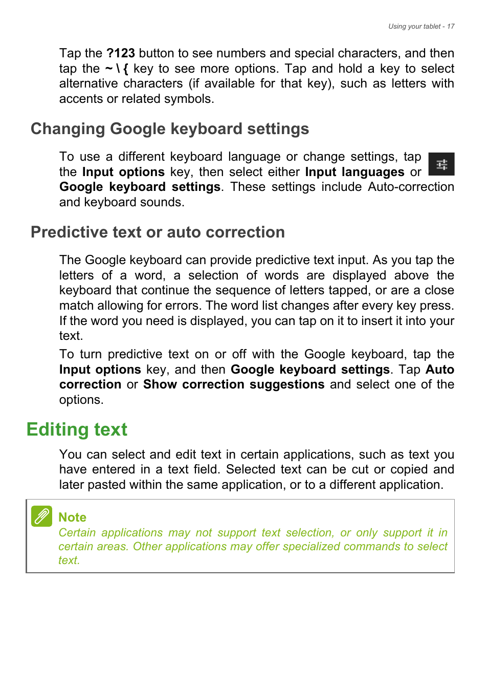 Changing google keyboard settings, Predictive text or auto correction, Editing text | Acer B1-720 User Manual | Page 17 / 52