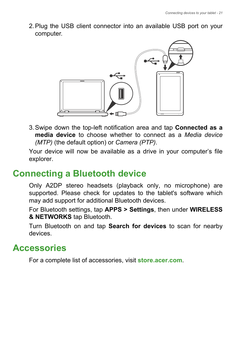 Connecting a bluetooth device, Accessories, Connecting a bluetooth device accessories | Acer B1-720 User Manual | Page 21 / 52