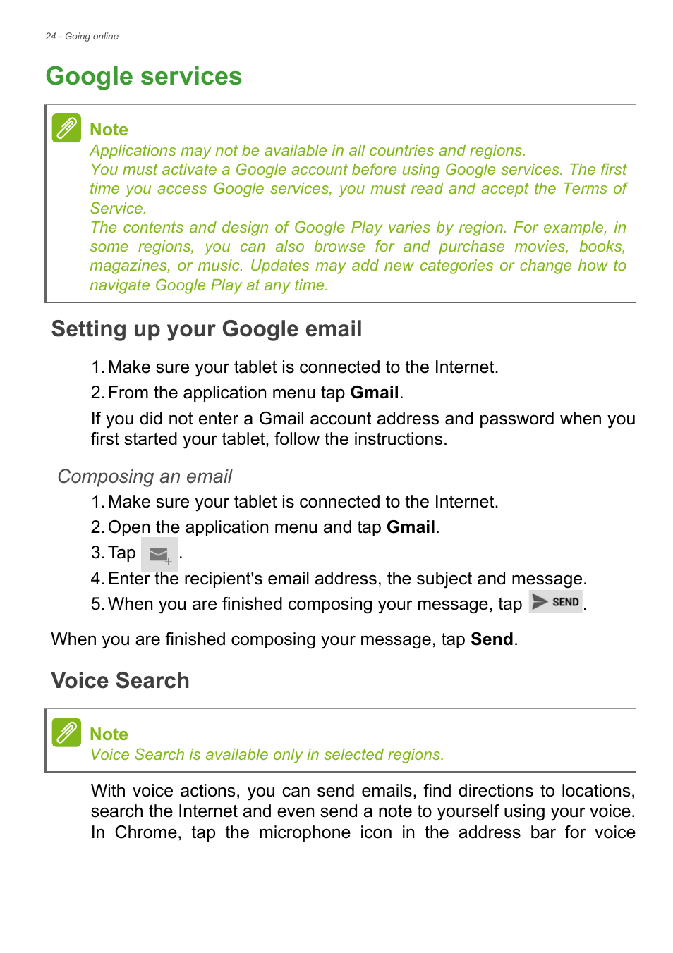 Google services, Setting up your google email, Voice search | Acer B1-720 User Manual | Page 24 / 52