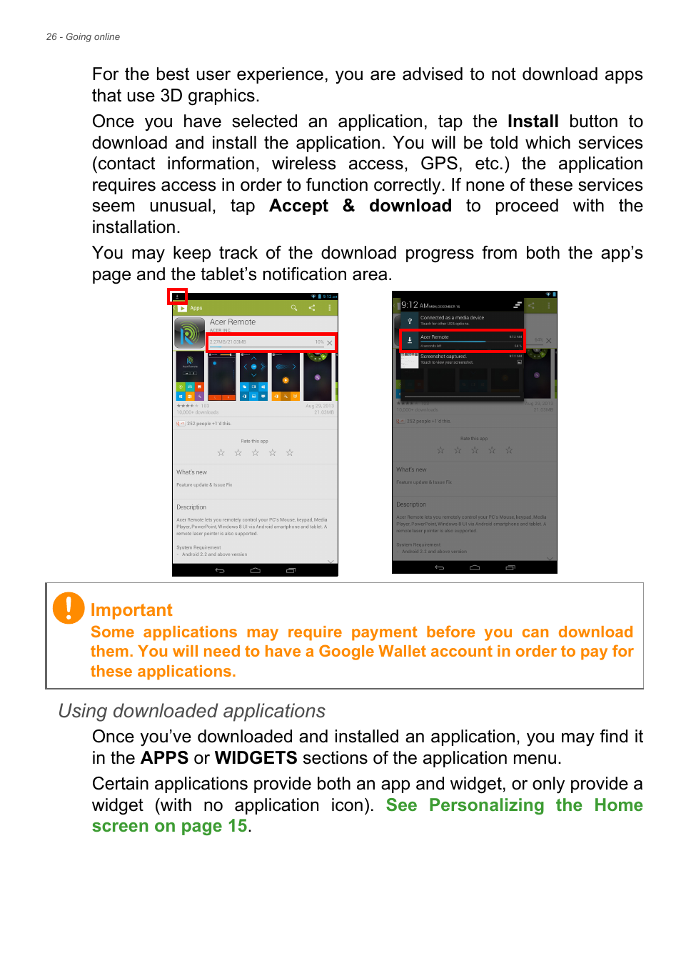 Using downloaded applications | Acer B1-720 User Manual | Page 26 / 52