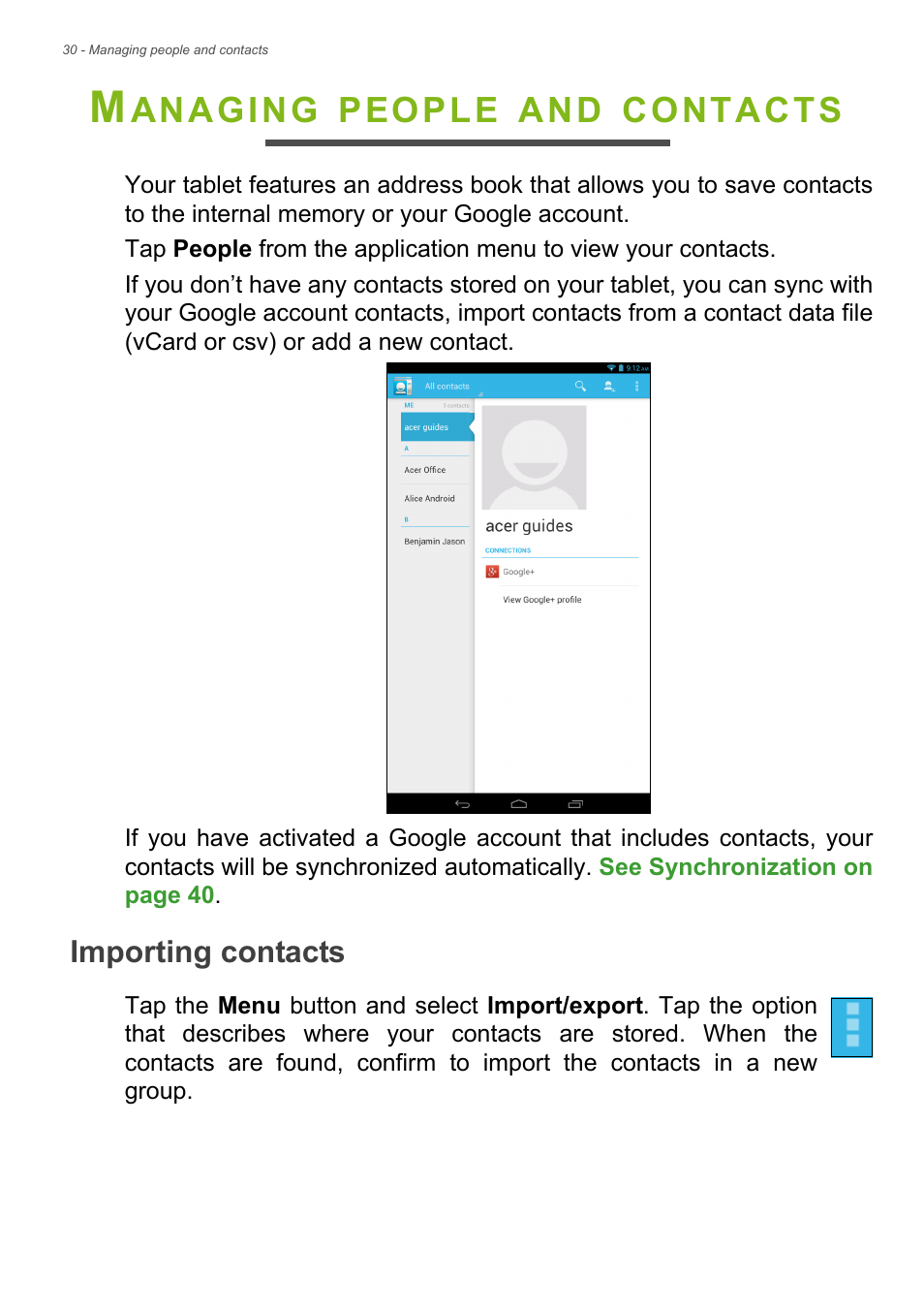 Managing people and contacts, Importing contacts, Anaging | People, Contacts | Acer B1-720 User Manual | Page 30 / 52