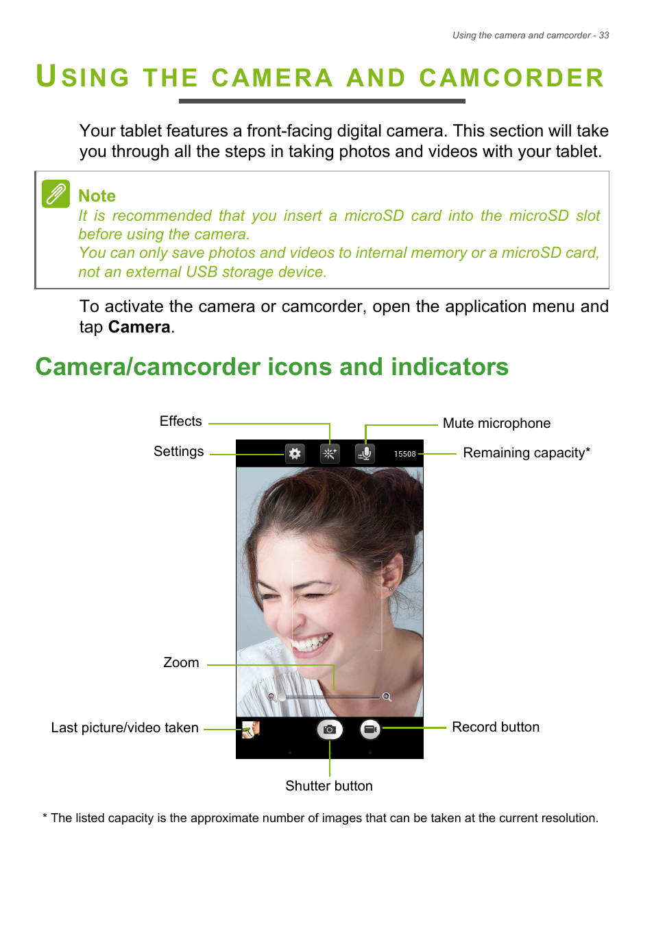 Using the camera and camcorder, Camera/camcorder icons and indicators, Camera/camcorder icons and indicators 33 | Sing, Camera, Camcorder | Acer B1-720 User Manual | Page 33 / 52