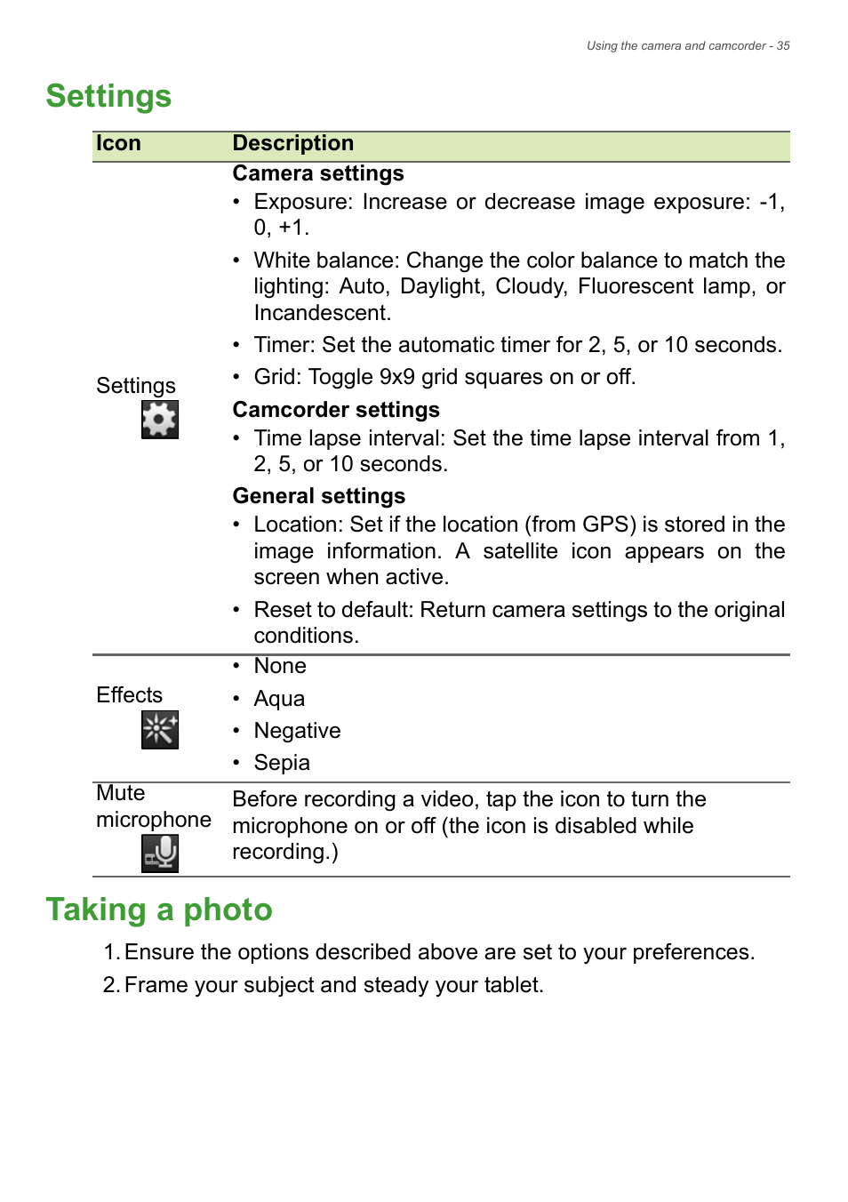 Settings, Taking a photo, Settings taking a photo | Acer B1-720 User Manual | Page 35 / 52