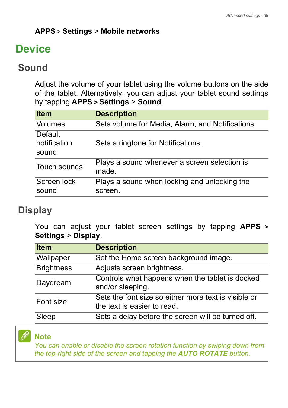 Device, Sound, Display | Acer B1-720 User Manual | Page 39 / 52