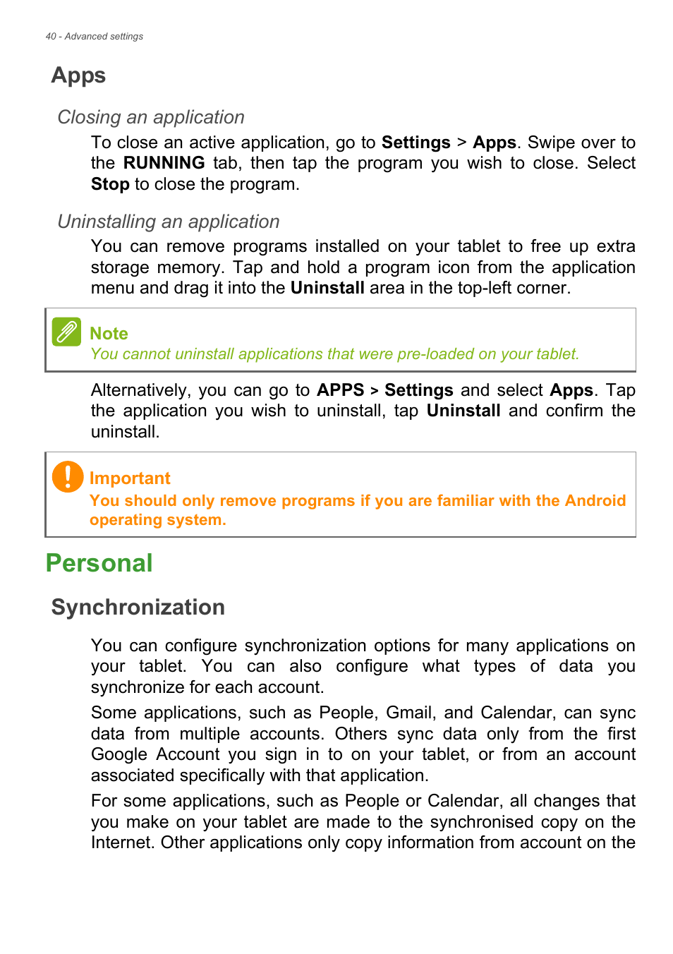 Apps, Personal, Synchronization | Tomatically, See synchronization on | Acer B1-720 User Manual | Page 40 / 52