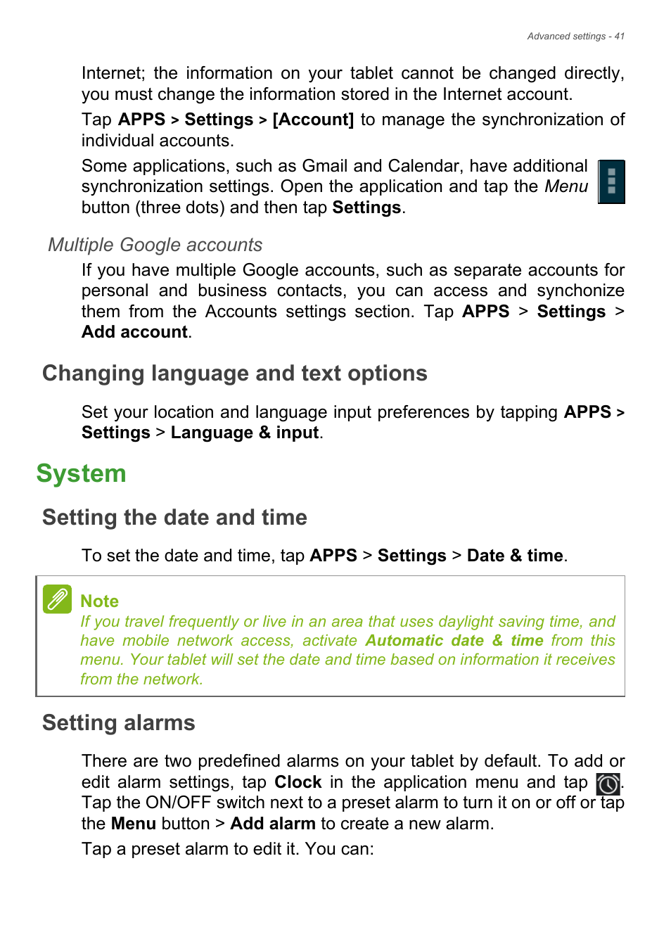 Changing language and text options, System, Setting the date and time | Setting alarms, Ction, See multiple google | Acer B1-720 User Manual | Page 41 / 52