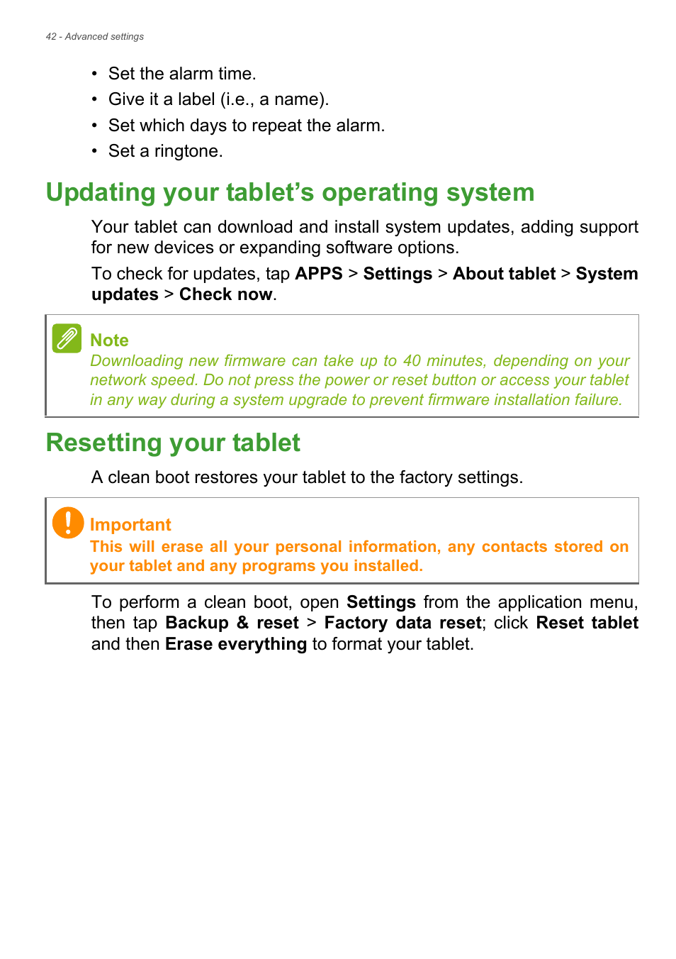 Updating your tablet’s operating system, Resetting your tablet | Acer B1-720 User Manual | Page 42 / 52